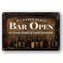 1 szt. Vintage Metal Sign, "My Happy Place Bar" Znak Otwarcia, Dekoracja Ścienna, Dekoracja Ścienna Retro Garaż, Restauracja, Kawiarnia, Bar, Klub, Tabliczka Ścienna Do Salonu, Otwór Montażowy Styl Wybrany Losowo