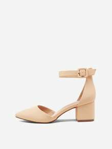 Women Pointed Toe Low Chunky Heels Pumps Ankle Strap Elegant Versatile Simple Shoes - Apricot - View 7