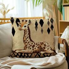 1 件躺卧长颈鹿印花柔软天鹅绒装饰抱枕套，单面图案 45*45 厘米，适用于客厅、卧室、沙发、家居、礼物 - 彩色 - 查看 1
