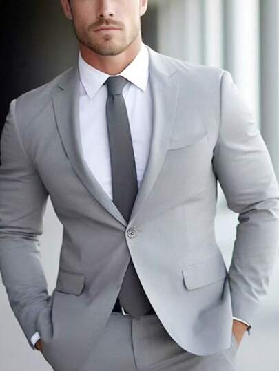 Men Business Casual Suit Set - Polyester Blended, Long Sleeve Blazer Jacket & Formal Pants, Commuter Outfit, Daily Business 2 Pieces Set