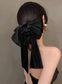 1pc Retro French Long Ribbon Velvet Bow Hair Clip, Fashionable Minimalist Elegant Black Ribbon Hair Accessory, Suitable For Daily Wear, Holiday Parties, Weddings