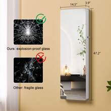 HNEBC LED 镜面珠宝柜，47.2 英寸壁挂式珠宝收纳柜，带全身镜，门上悬挂式珠宝柜储物柜，折叠梳妆台，2 个抽屉，可上锁，3 个架子，化妆品收纳架，适合返校季