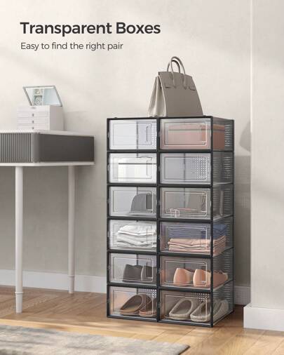  SONGMICS Cajas para zapatos, paquete de 12, organizadores de plástico transparentes apilables para guardar zapatos, organizadores de zapatos aptos hasta la talla 10 de EE. UU., transparentes y transparentes
