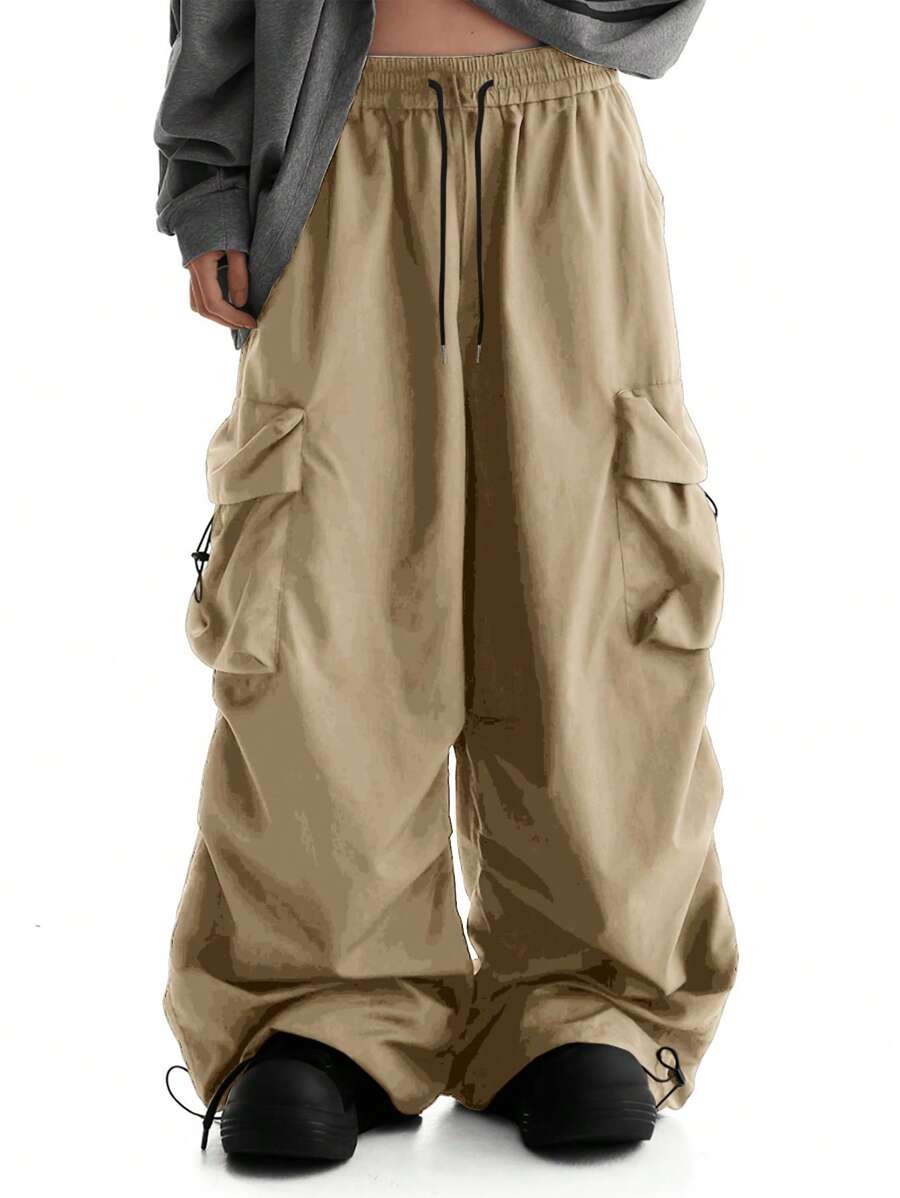 Men's Casual Multi-Pocket Straight Leg Cargo Pants, Drawstring Adjustable Waist And Hem, Oversized Loose Fit Wide Leg Trousers - Camel - View 1