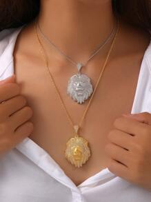 1pc Personalized Hip Hop Style S925 Sterling Silver Zirconia Lion Head Pendant Necklace, Unisex, Suitable For Party, Stage, Street Music Festival, Holiday Gift - Multicolor - View 1