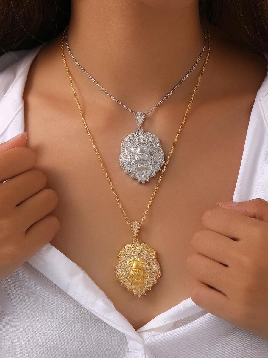 1pc Personalized Hip Hop Style S925 Sterling Silver Zirconia Lion Head Pendant Necklace, Unisex, Suitable For Party, Stage, Street Music Festival, Holiday Gift - Multicolor - View 1