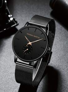 1 件 HANNAH 时尚黑色不锈钢网状表带防水男士手表，中心小秒针商务石英男士手表，适合日常商务会议和派对场合 - 黑色 - 查看 5