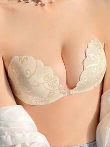 1pc Skin-Colored Lace Sticky Bra, Invisible Adhesive Push-Up Bust Enhancers Supplied With Random Transparent Straps - Apricot - View 8