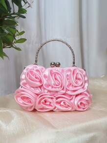 Satin Rose Flower Clutch Bag, Elegant Small Handbag For Formal Occasion, Bridal, Bridesmaid, Crossbody, Evening Dress - Pink - View 2