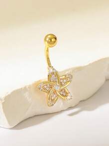 1 件时尚精致铜水钻花朵肚脐环，适合女性日常佩戴