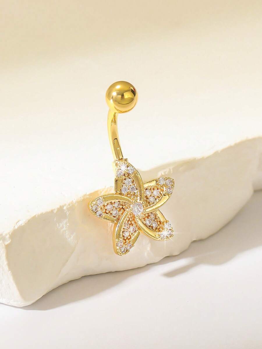 1 件时尚精致铜水钻花朵肚脐环，适合女性日常佩戴