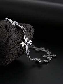 Men's Vintage Floral Pattern Cross Chain Bracelet - Silver - View 3
