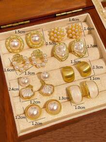 8pcs/Set Minimalist Asymmetrical Pearl, Hollow Flower Petal, Shell, Star & Round Shape Stud Earrings Set, Versatile For Women, Daily & Holiday Wear - Set F - View 10