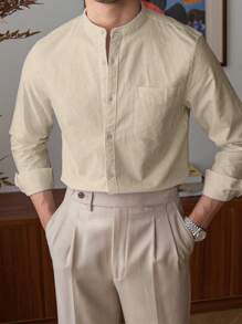 Camisa casual de negocios para hombre de unicolor y cuello mao