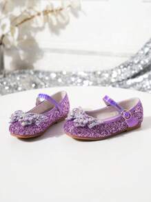 1 par de zapatos de princesa con lentejuelas de mariposa para niñas, aptos para primavera/verano - Morado - Ver 2