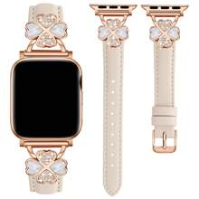 Correa de reloj de cuero genuino compatible con Apple Watch de 38 mm/40 mm/41 mm/42 mm/44 mm/45 mm/46 mm/49 mm - Ultra delgada y refinada, resistente al sudor y cómoda - Diseño de moda elegante minimalista - Diseño de trébol de cuatro hojas con diamante - Compatible con Apple Watch Series 10/9 Ultra/SE/8/7/6/5/4/3/2/1 - Accesorio de repuesto para correa de reloj - Polvo de luz de estrellas - Ver 2