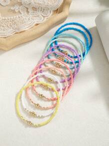 Bộ 10 vòng tay đàn hồi hạt CCB phong cách Boho & hạt gạo nhiều màu, phù hợp cho phụ nữ mặc đi nghỉ dưỡng/bãi biển - Nhiều màu - Xem 5