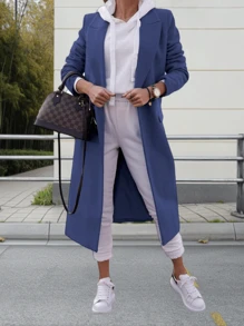 Gabardina de invierno de mezcla de lana cruzada para mujer de Youiham, chaqueta larga y elegante con cuello de solapa con muescas - azul real - Ver 2