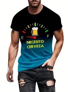 Men's Gradient 3D Beer Dashboard Print T-Shirt , Casual Polyester, Crew Neck, Short Sleeve Tee With "NECISTO CERVEZA" Text , Summer Wear, Machine Washable, Emo - Multicolor - View 1