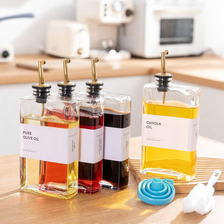 4 Pack 12oz/350ml Gold Olive Oil Dispenser Set - Heavy Duty Thickened Glass Bottles For Kitchen, Cooking Oil, Vinegar, Soy Sauce And Coffee Syrup, With Stainless Steel Automatic Pour Spout And 40 Label Funnel