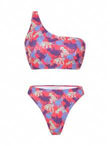 New Summer Monkey Print One-Shoulder Thong Bikini Swimwear Set - Multicolor - View 3