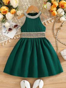 Vestido de niña elegante con aplicación de encaje floral, hombros descubiertos y cierre de cremallera en la espalda, adecuado para salidas, picnics, vacaciones, fiestas, primavera/verano