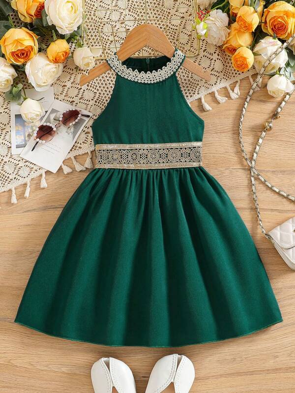 Vestido de niña elegante con aplicación de encaje floral, hombros descubiertos y cierre de cremallera en la espalda, adecuado para salidas, picnics, vacaciones, fiestas, primavera/verano