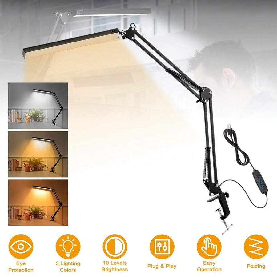 LED Desk Lamp With Clamp And Round Base,Eye Caring Table Lamp With Swing Arm,3 Color Modes,Memory Function, Desk Light For Home Office With USB Adapter Black - Black - View 1