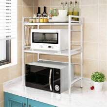 Estante expandible para microondas, soporte para microondas de 3 niveles para cocina, soporte para microondas de acero al carbono para encimera, organizador de almacenamiento de cocina con 6 ganchos - Blanco - Ver 5