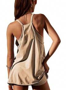 Women Athletic Mini Dresses Built-In Shorts Set Summer Sleeveless Sundress Hot Shot Mini Dress - Màu Khaki - Xem 2