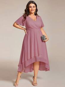 Plus Size Women Chiffon Ruffle Hem Solid Color Elegant High-Low Bridesmaid Dress - Dusty Pink - View 6