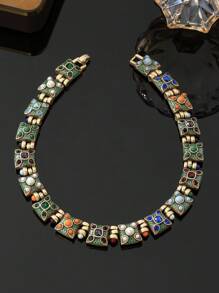 1 条项链和 1 对耳环，波西米亚风格铜合金复古经典珠宝套装，时尚百搭，适合派对，适合节日穿着 - 彩色 - 查看 9