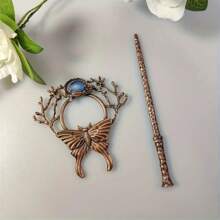 1 Set Vintage Crescent Moon Butterfly Stone Hairpin, Creative Fashion Nordic Viking Hairpin Accessories Gift For Women