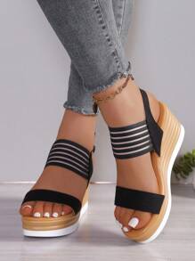 Strap Buckle Platform Wedge Sandals, Comfortable Thick Sole Open Toe High Heels - Black - View 1