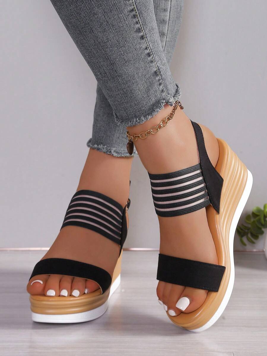 Strap Buckle Platform Wedge Sandals, Comfortable Thick Sole Open Toe High Heels - Black - View 1