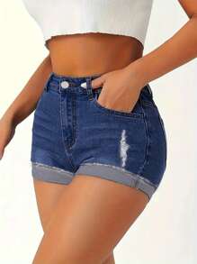 Pantalones Cortos de Mezclilla Desgastados y Elegantes para Mujer - Cintura Alta, Detalles Rasgados, Mezcla de Rayón No Elástico, Perfectos para Primavera/Verano - Azul - Ver 2