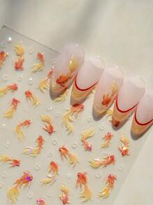 锦鲤与梦幻泡泡金鱼夏日美甲贴纸贝壳浅红鱼软浮雕指甲贴纸美甲贴花 - 彩色 - 查看 4