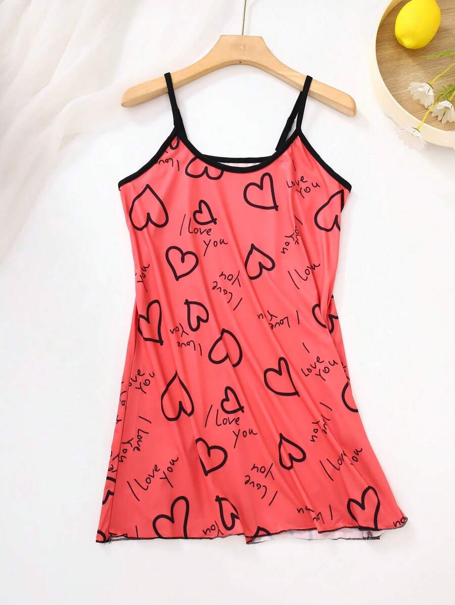 Simple & Fashion Spaghetti Strap Dress With Red Background And Heart Print, Suitable For Summer - Red - View 1