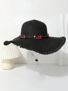1pc Women's Colorful Beaded Decor Wide Brim Straw Hat, Breathable Summer Sun Protection With Drawstring, Suitable For Daily Matching, Beach Resort Travel, Photography, Fashion & Versatile - Straw Hat - View 3