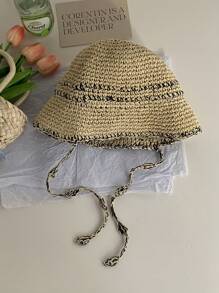 1pc Teenage Girl Sweet Straw Hat With Ribbon Decor, Versatile Bucket Hat Design For Sun Protection, Spring/Summer - Straw Bucket Hat - View 5