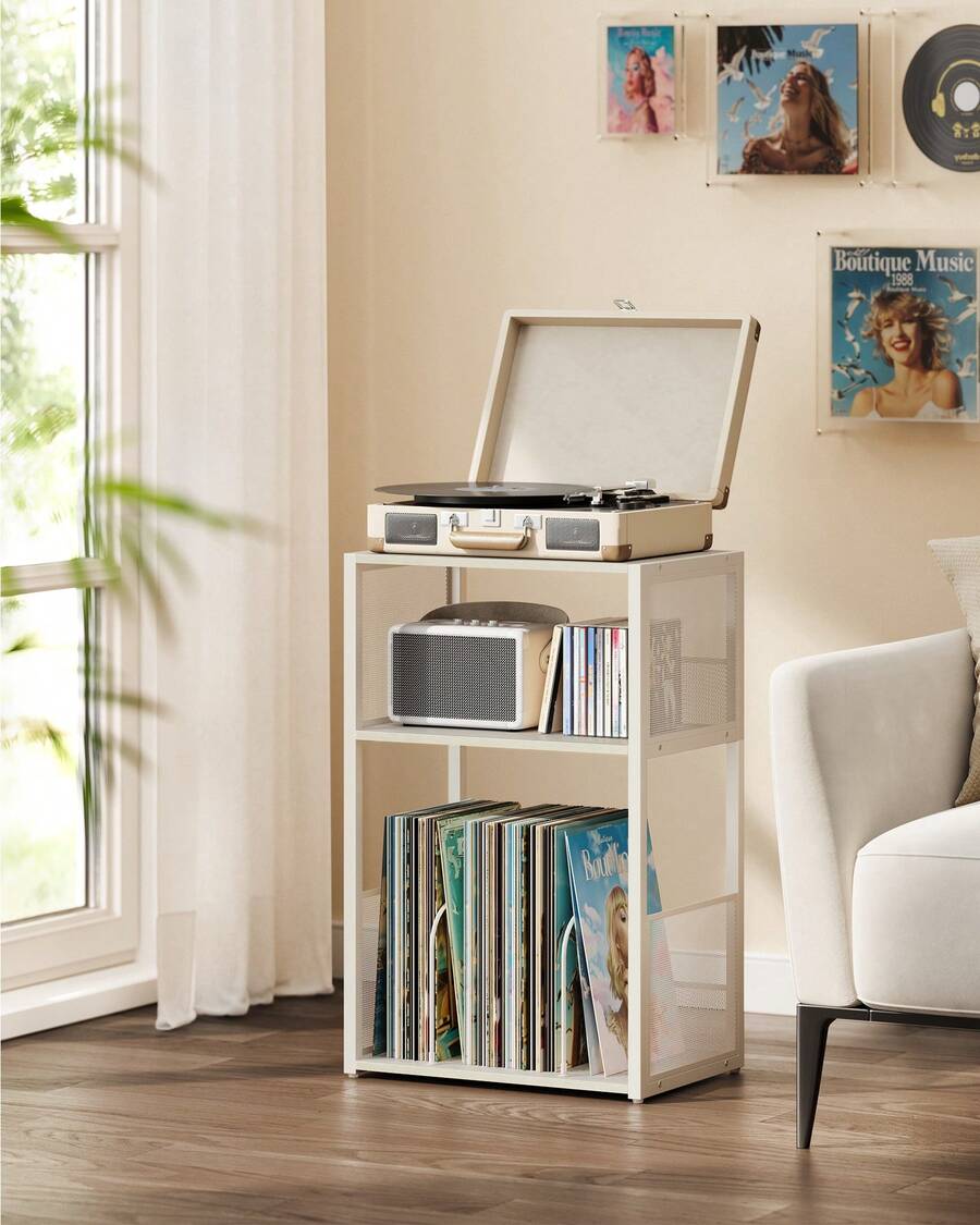 VASAGLE Record Player Stand, 3-Tier Side Table, Vinyl Record Storage Up To 100 Albums, End Table For Living Room, Bedroom - White - View 1