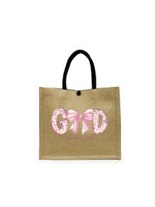 Khaki Tote Bag Two Pieces Set, Along With A Small Makeup Bag, "God" Letter Bow Zipper Women's Makeup Bag - Khaki - View 13
