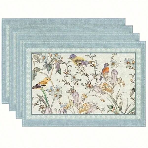 1/4/6/8 pièces Set de sets de table motif oiseau bleu et floral - Lin, lavable en machine, sets de table rectangulaires pour la décoration de la salle à manger et de la cuisine
