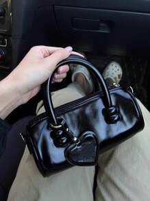 深色优雅亮面油皮圆柱包，小众设计波士顿枕头小包，时尚西式手提斜挎包 - 黑色 - 查看 2