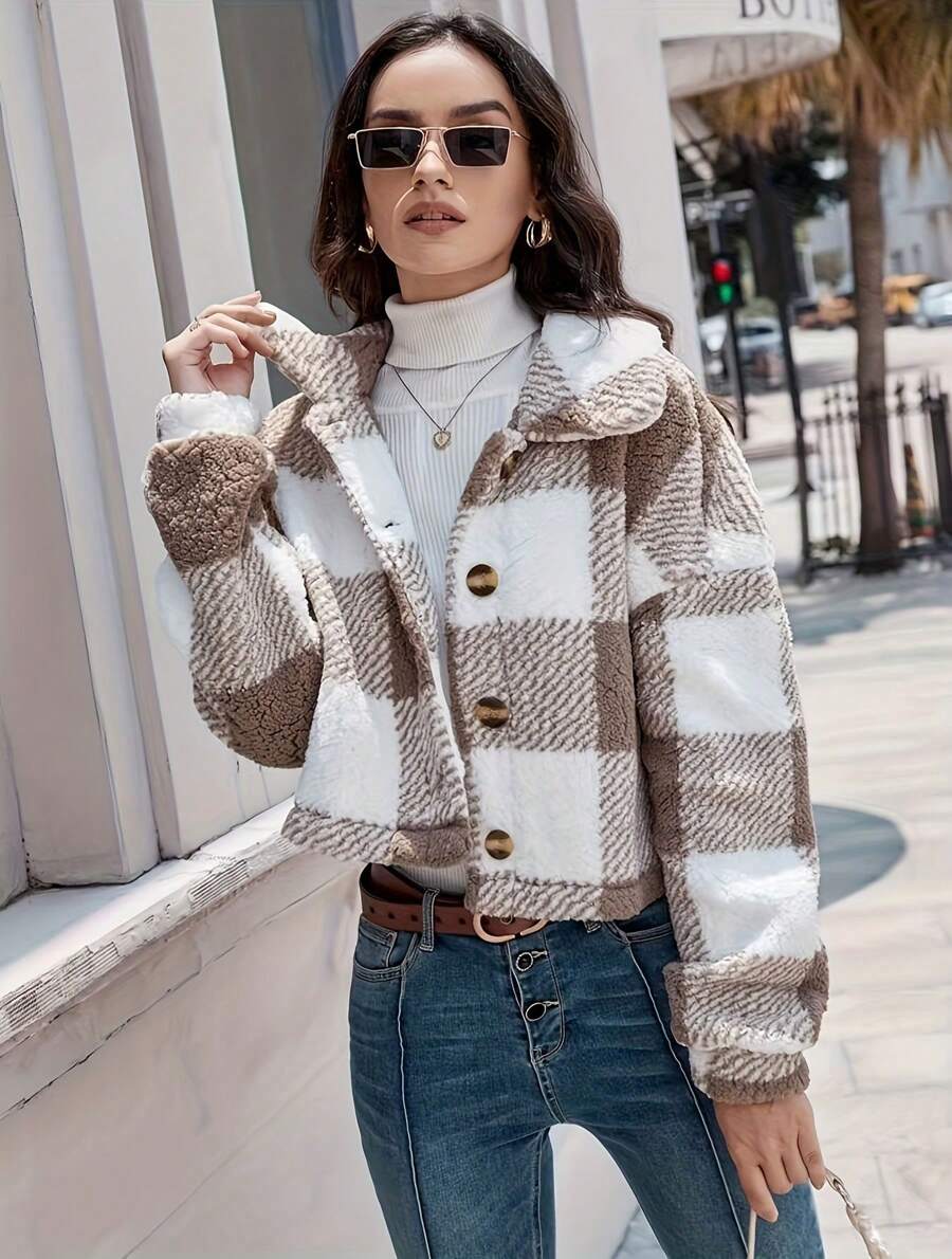 Cazadora Teddy Con Patrón De Cuadros De Hombros Caídos,Cazadora Teddy Con Estampado,Chamarra Para Mujer,Chaqueta ,Abrigo - Café integral - Ver 1