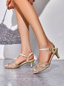 Women's Wedding Prom Bridal Shoes Ladies Ankle Strap Peep Toe Low Kitten Heels Sandals Party Occasion Dress Shoe NINA-150 - Gold - View 3