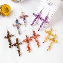 1Pair Natural Crystal Gravel Stone Cross Amethyst Eardrop Earrings Pink Crystal Reiki Eardrop Women Party Wedding Jewelry - Crushed Stone Cross Earrings - View 7
