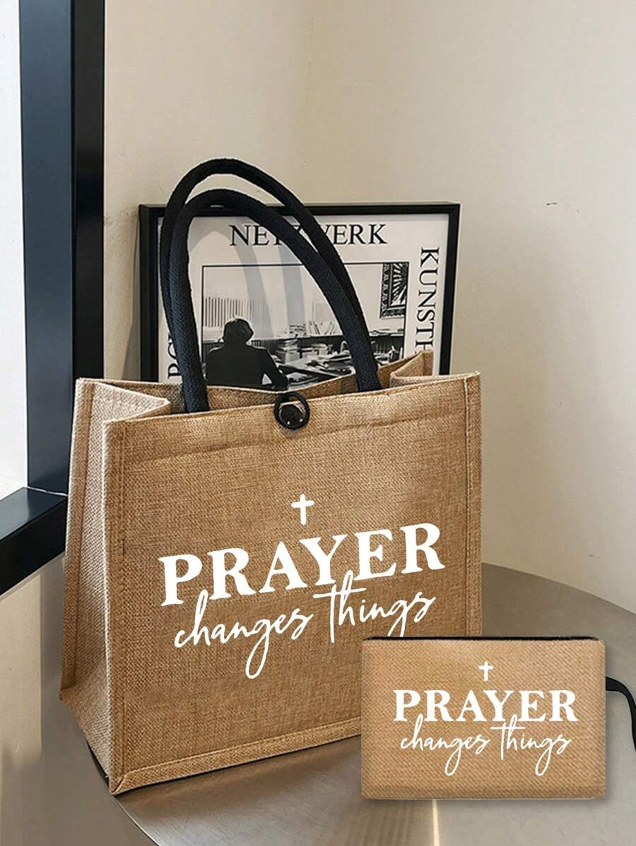 Geantă tote din in negru cu model inspirațional de litere și geantă de machiaj, geantă de cumpărături portabilă