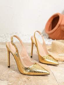 2025秋冬性感时尚尖头4.4英寸高跟休闲凉鞋，后跟系带，金色露跟款式，女士夏季及四季鞋履，女式高跟鞋，派对装扮