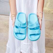 Slide Sandals With Double Buckle Straps And Chunky Sole For Casual Wear - Blue-green - View 3